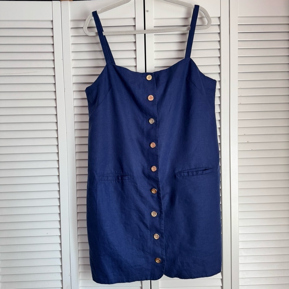 J.Crew Claudia Linen Navy Dress Buttons Front Straps Tennis Prep Large Tall - Picture 3 of 11